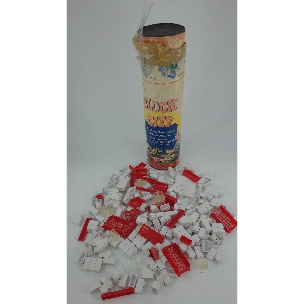 Vintage Block City Plastic Building Set w/Canister Tri State B500 1950s 250 Pc